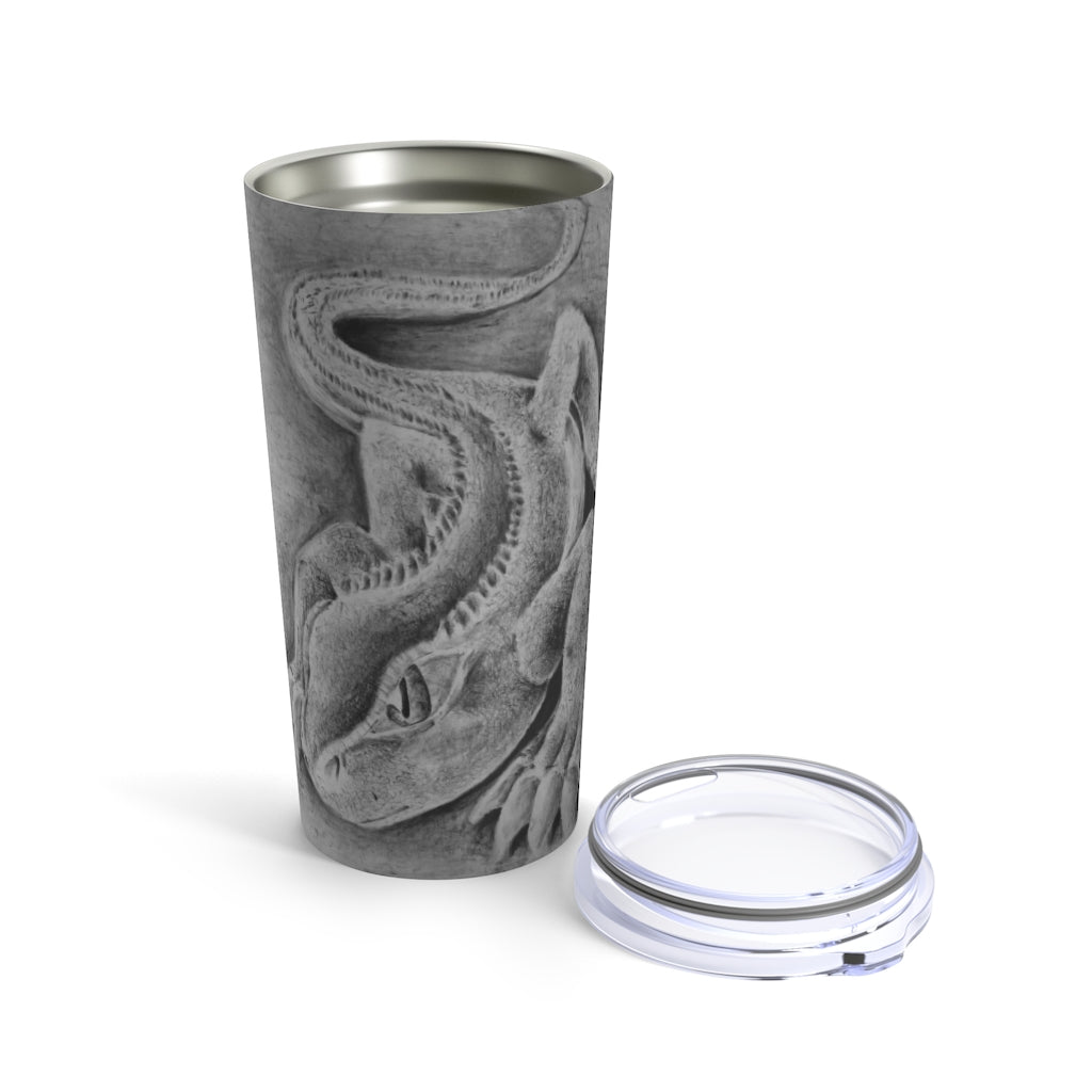 Lizzy the Lizard Tumbler 20oz featuring a vibrant lizard design, stainless steel body, and a clear plastic lid.