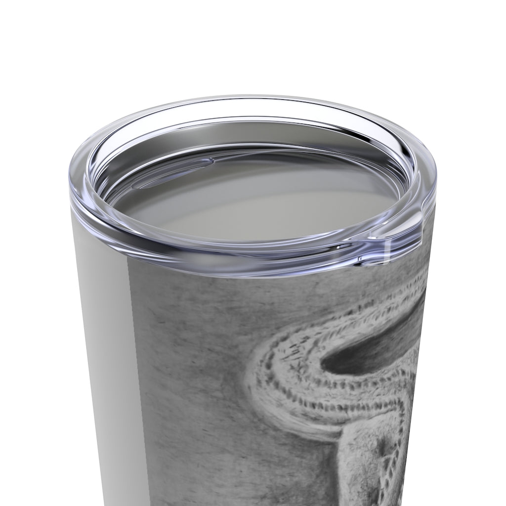 Lizzy the Lizard Tumbler 20oz featuring a vibrant lizard design, stainless steel body, and a clear plastic lid.