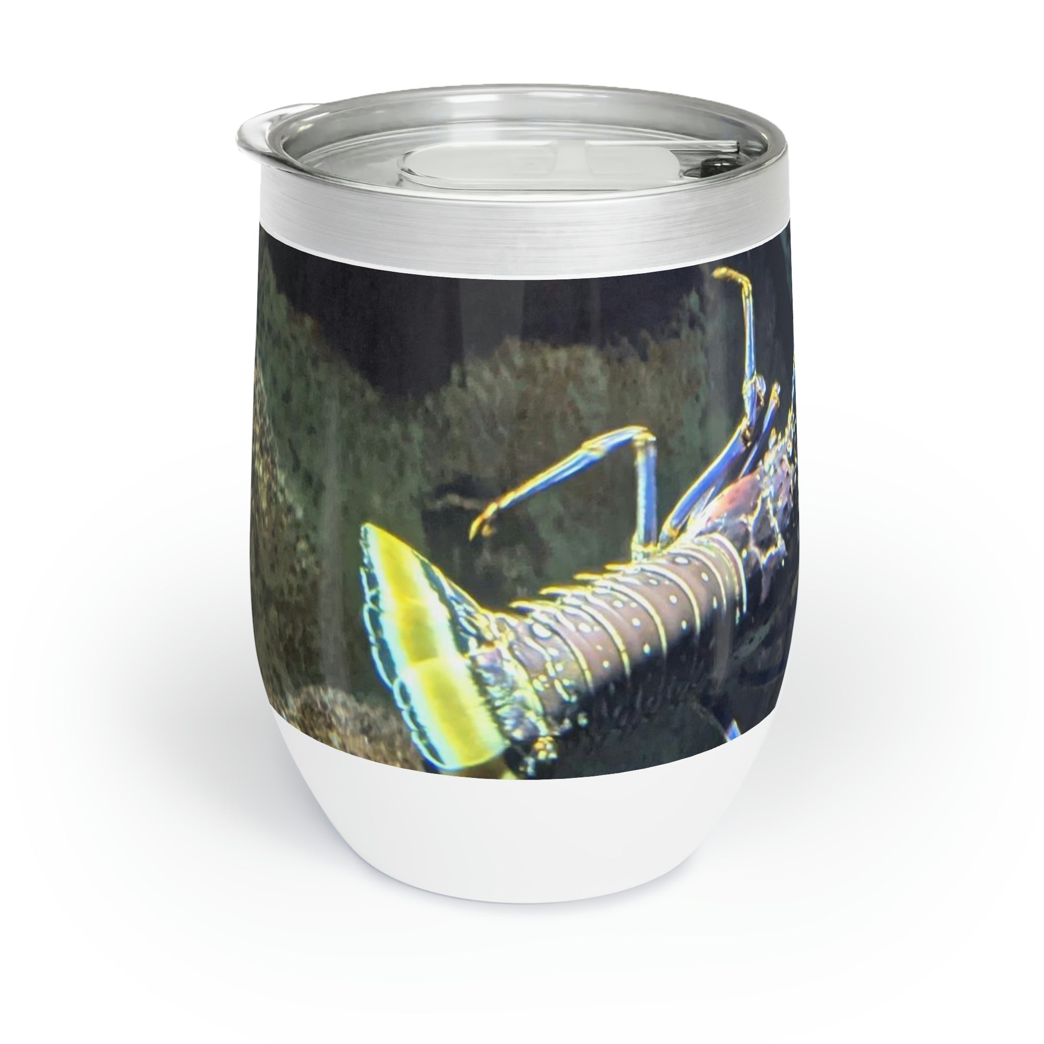 Lobster Chill Wine Tumbler in stainless steel with a customizable design, showcasing its double-insulated walls and stemless shape.