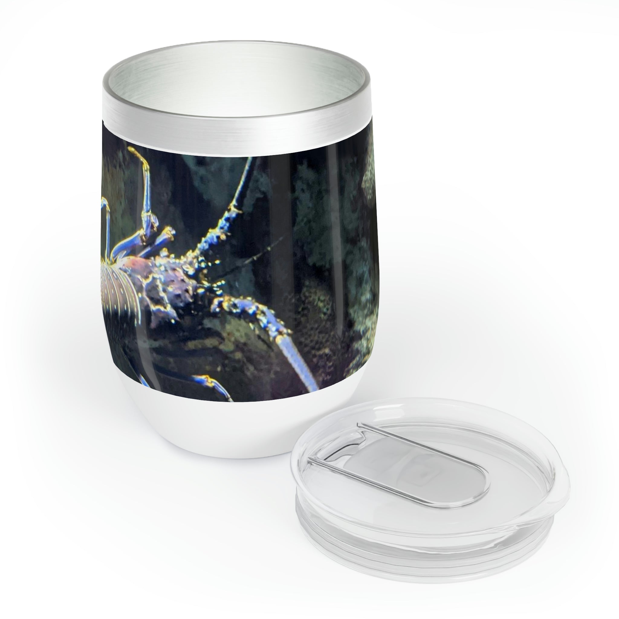 Lobster Chill Wine Tumbler in stainless steel with a customizable design, showcasing its double-insulated walls and stemless shape.