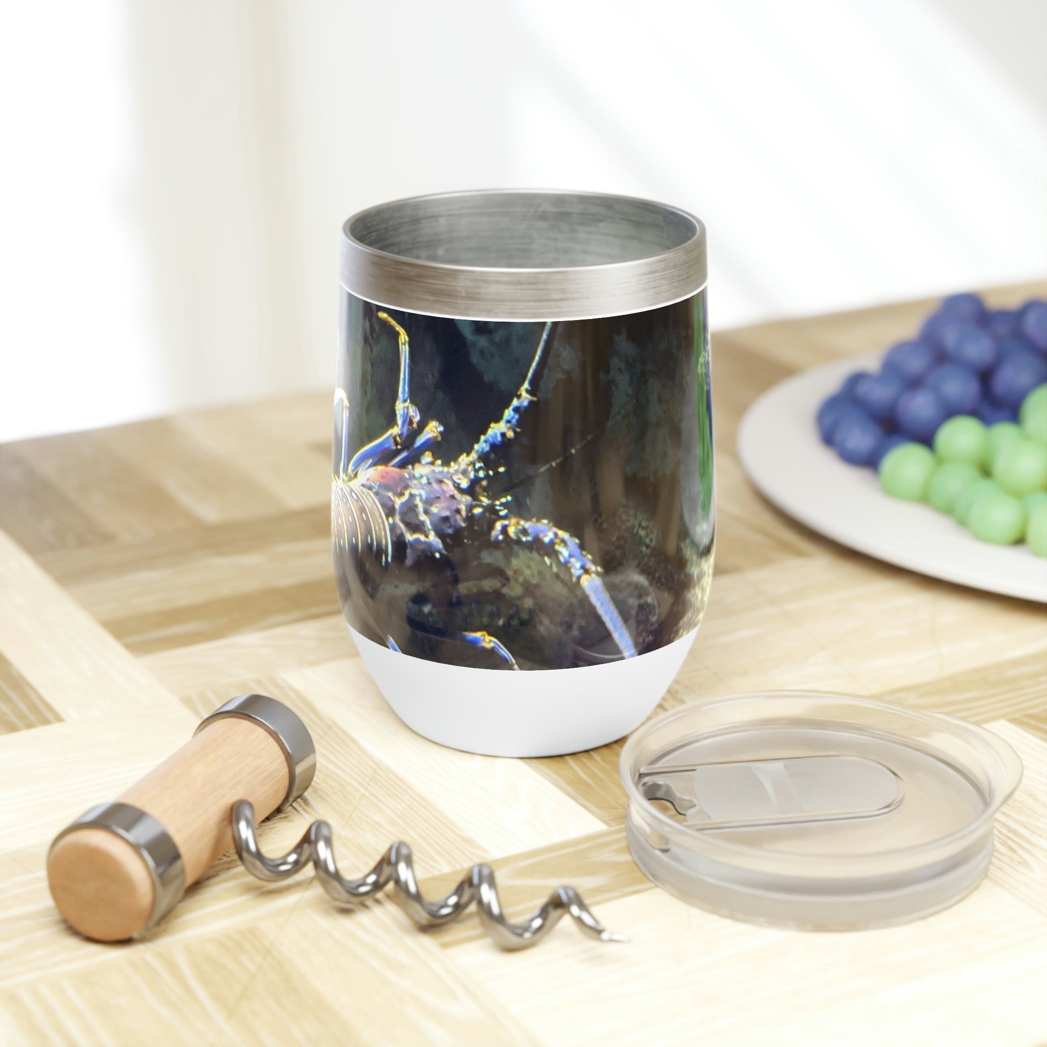 Lobster Chill Wine Tumbler in stainless steel with a customizable design, showcasing its double-insulated walls and stemless shape.