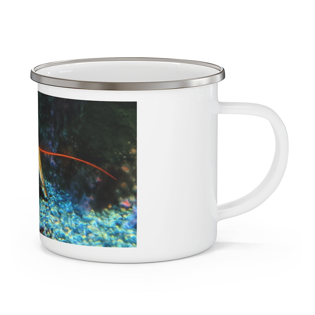 Lobster Enamel Camping Mug with a vibrant lobster design, perfect for outdoor adventures and personalized printing.