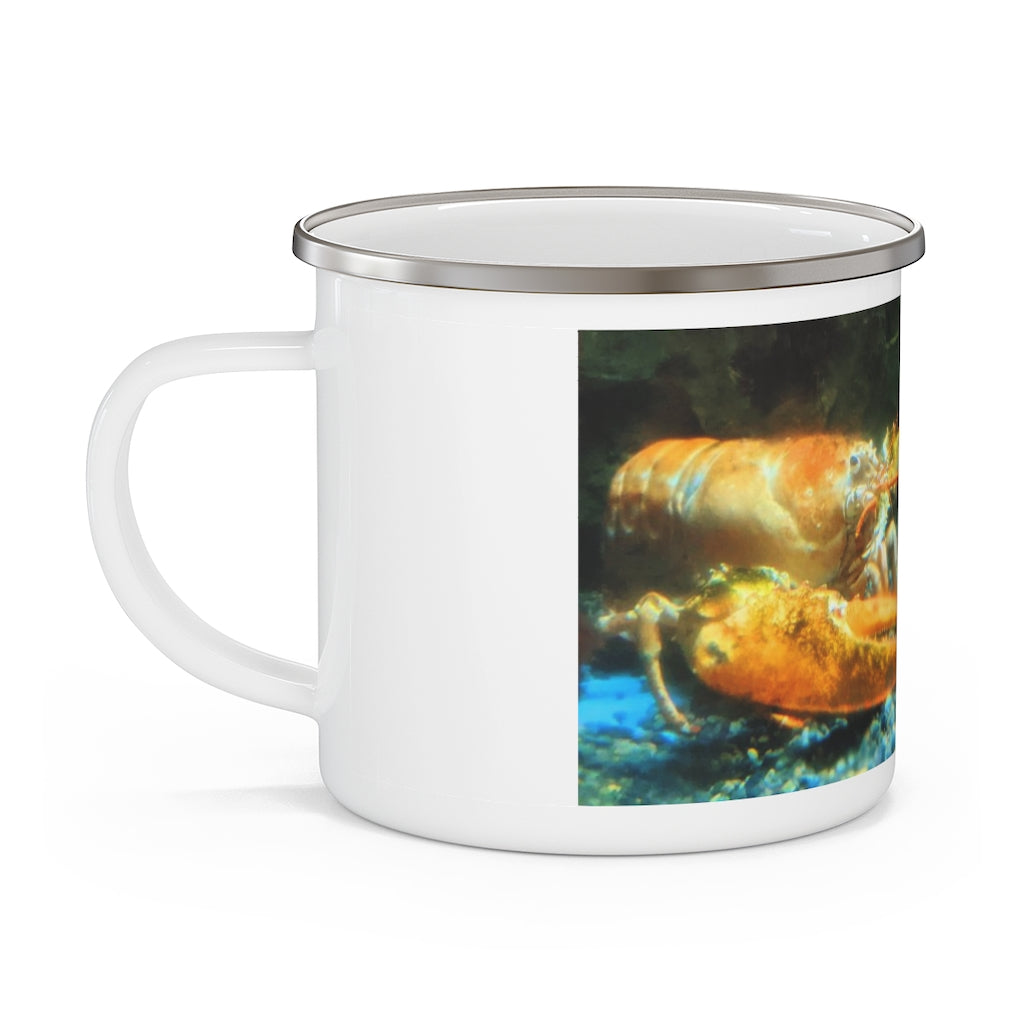 Lobster Enamel Camping Mug with a vibrant lobster design, perfect for outdoor adventures and personalized printing.