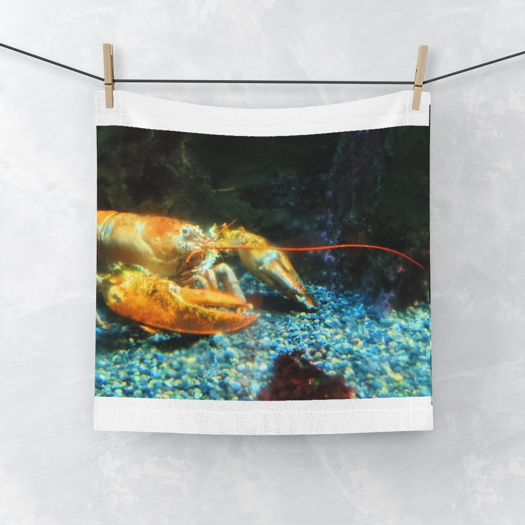 A vibrant Lobster Face Towel featuring a colorful lobster design on a soft polyester front and absorbent cotton back, perfect for bathroom use.