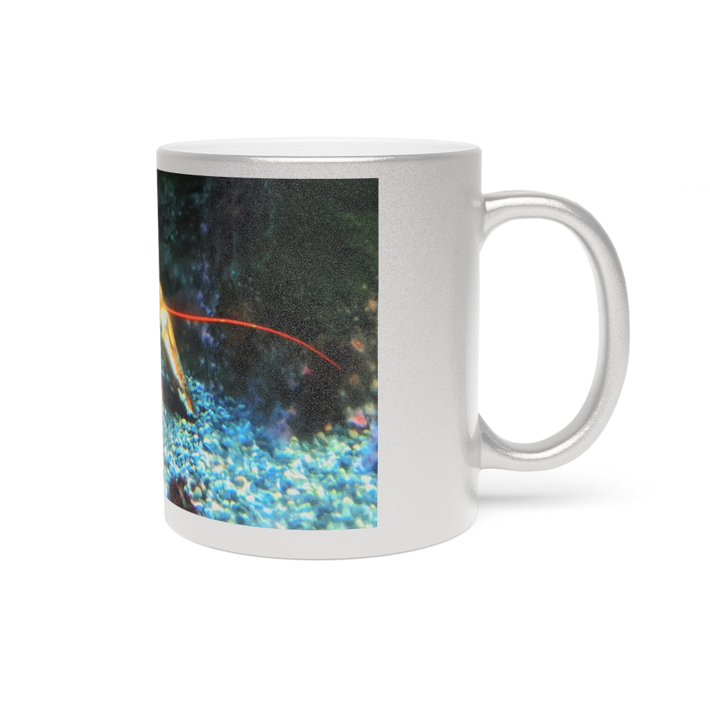 Lobster Metallic Mug in Silver and Gold with personalized designs, showcasing a shiny ceramic finish and comfortable C-handle.