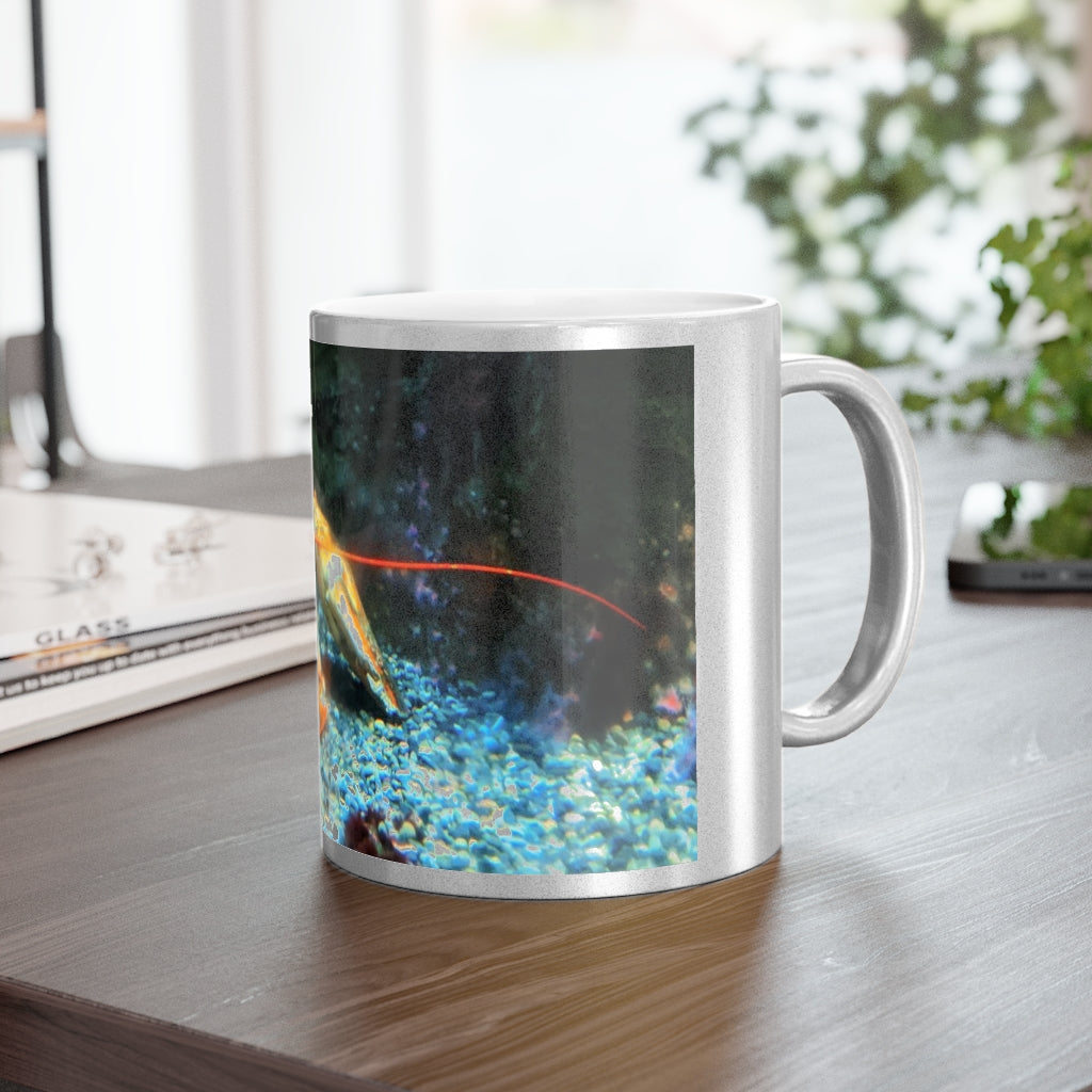 Lobster Metallic Mug in Silver and Gold with personalized designs, showcasing a shiny ceramic finish and comfortable C-handle.