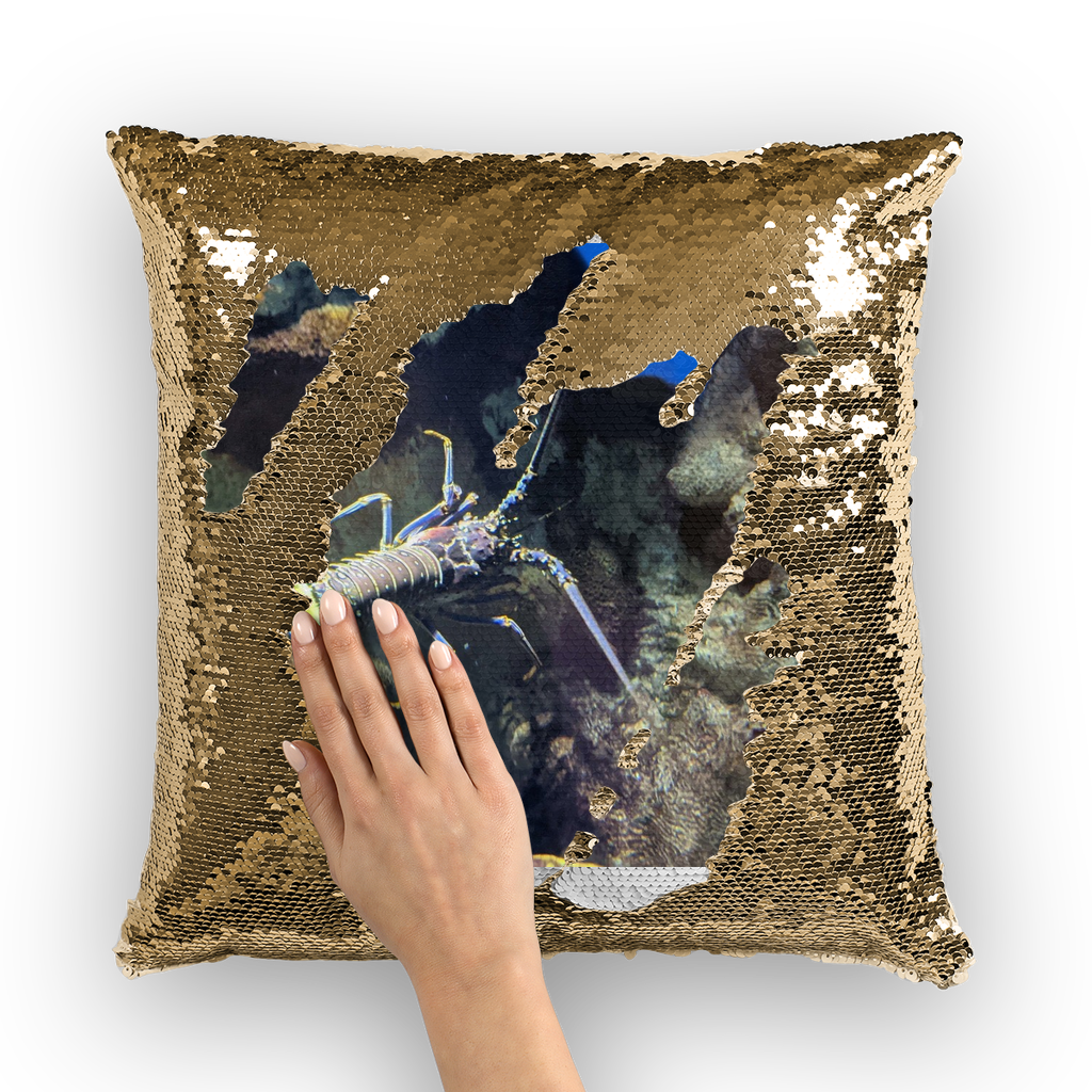 Lobster Sequin Cushion Cover featuring a vibrant mermaid design with shimmering sequins on a polyester fabric, ideal for home decor.