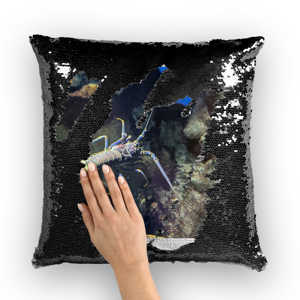 Lobster Sequin Cushion Cover featuring a vibrant mermaid design with shimmering sequins on a polyester fabric, ideal for home decor.