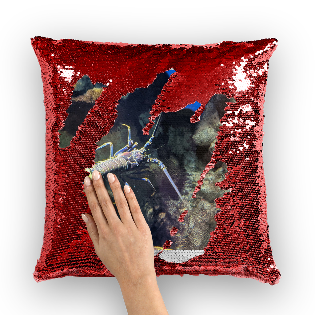 Lobster Sequin Cushion Cover featuring a vibrant mermaid design with shimmering sequins on a polyester fabric, ideal for home decor.