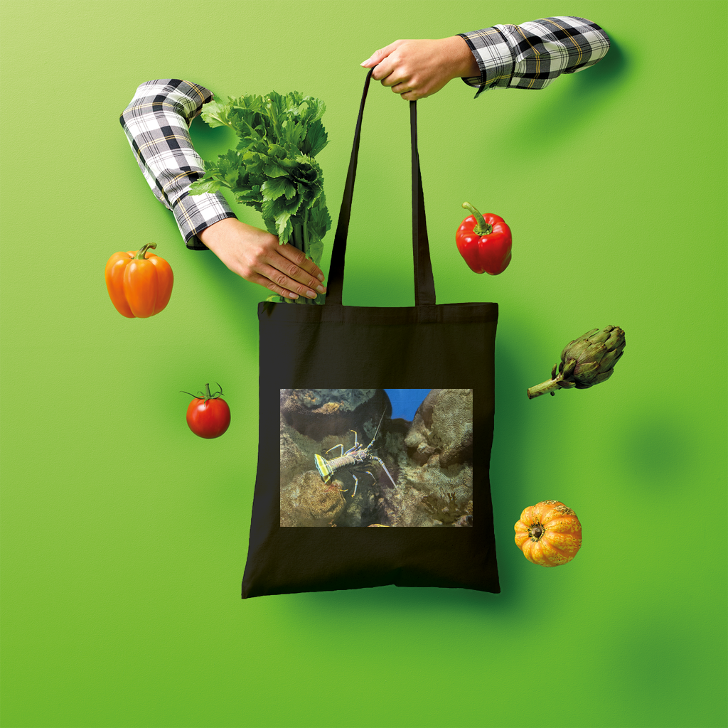 Lobster Shopper Tote Bag made of 100% cotton, featuring a spacious design and comfortable shoulder straps, perfect for eco-friendly shopping.