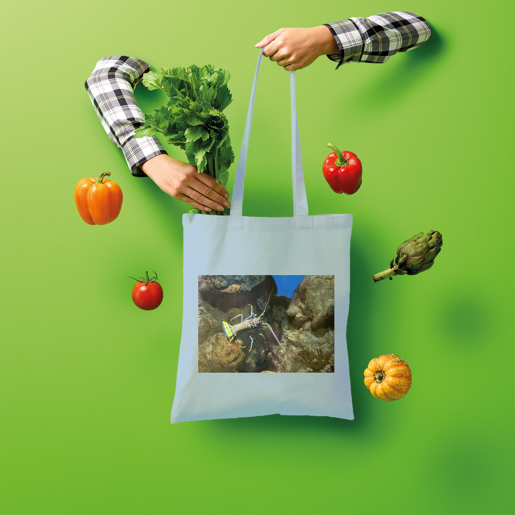 Lobster Shopper Tote Bag made of 100% cotton, featuring a spacious design and comfortable shoulder straps, perfect for eco-friendly shopping.