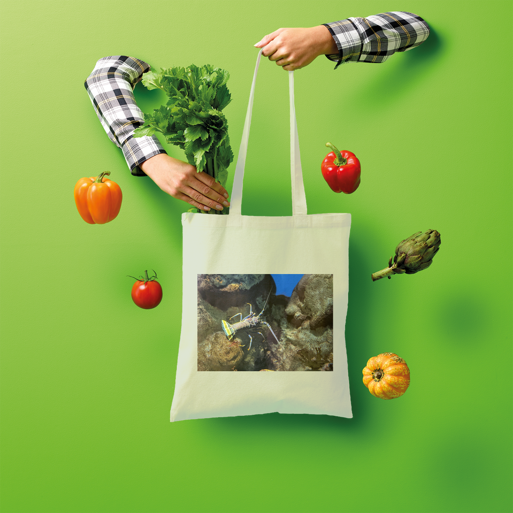 Lobster Shopper Tote Bag made of 100% cotton, featuring a spacious design and comfortable shoulder straps, perfect for eco-friendly shopping.