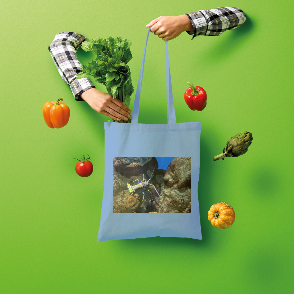 Lobster Shopper Tote Bag made of 100% cotton, featuring a spacious design and comfortable shoulder straps, perfect for eco-friendly shopping.