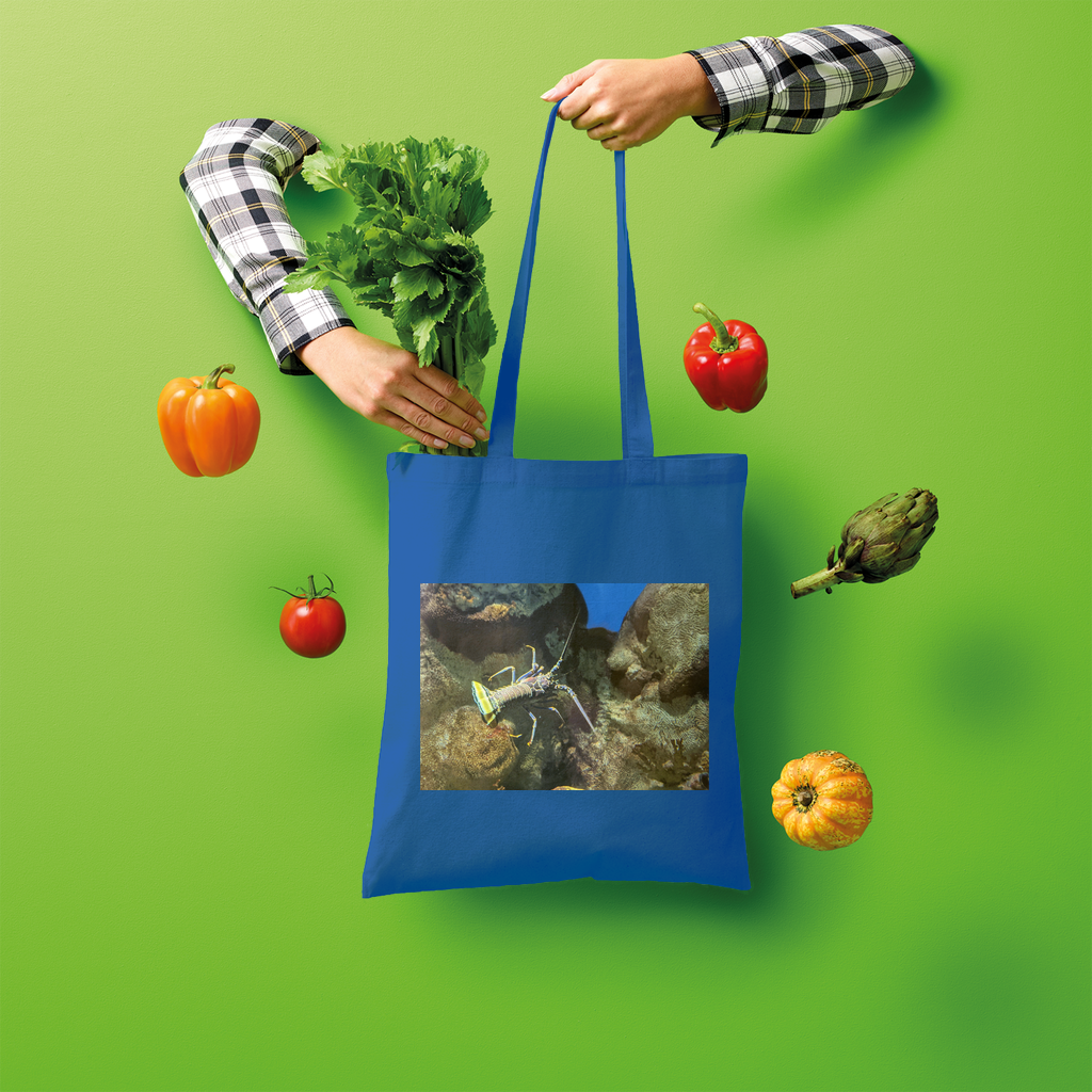 Lobster Shopper Tote Bag made of 100% cotton, featuring a spacious design and comfortable shoulder straps, perfect for eco-friendly shopping.