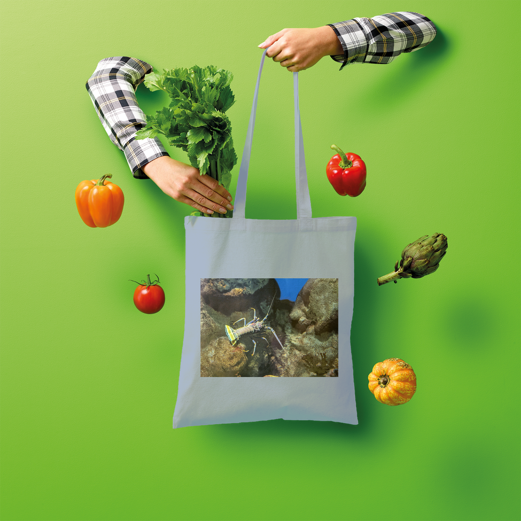 Lobster Shopper Tote Bag made of 100% cotton, featuring a spacious design and comfortable shoulder straps, perfect for eco-friendly shopping.