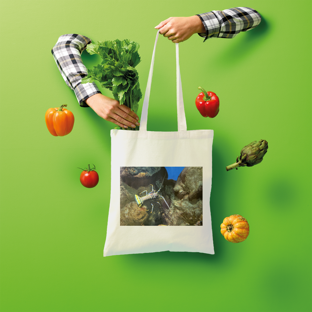 Lobster Shopper Tote Bag made of 100% cotton, featuring a spacious design and comfortable shoulder straps, perfect for eco-friendly shopping.