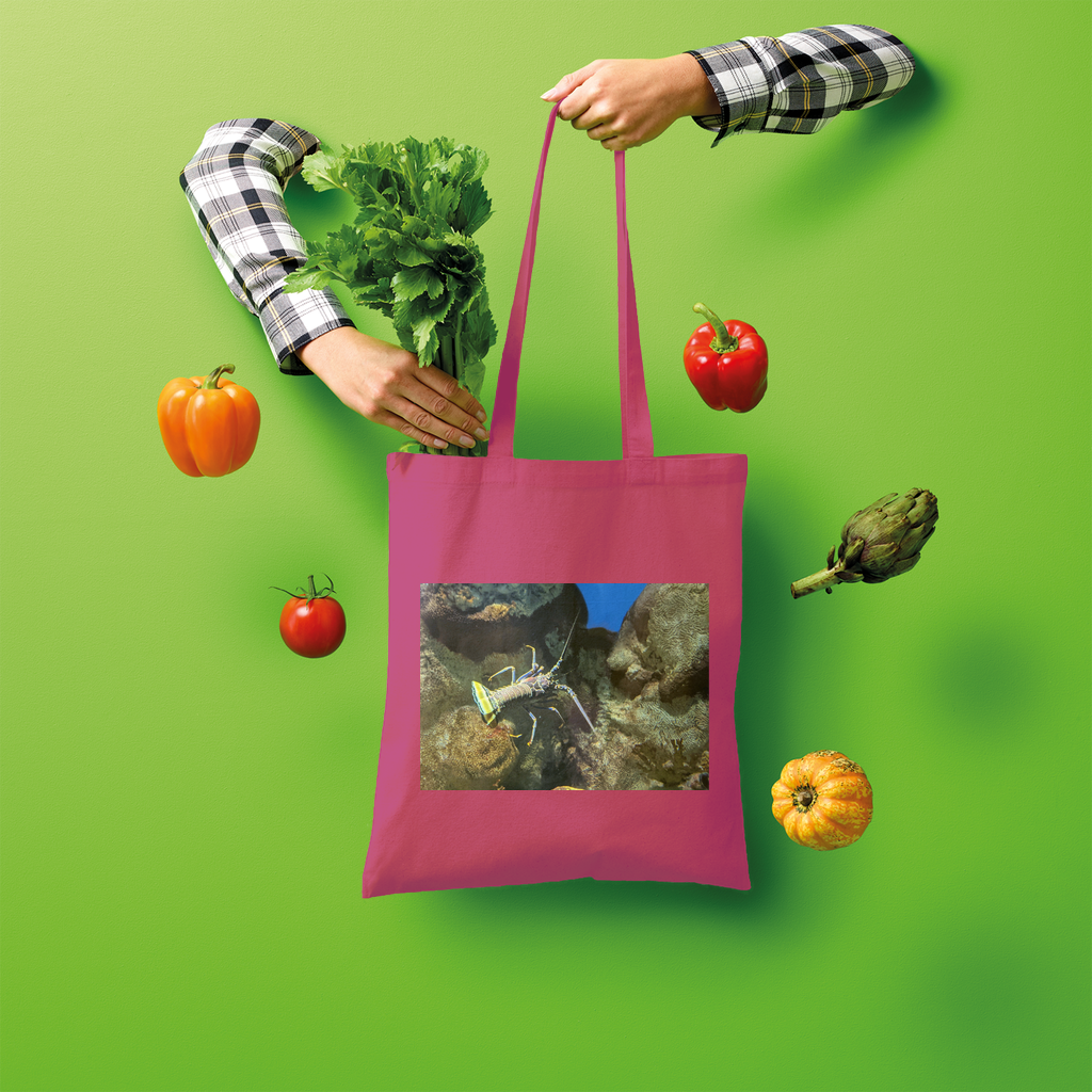 Lobster Shopper Tote Bag made of 100% cotton, featuring a spacious design and comfortable shoulder straps, perfect for eco-friendly shopping.