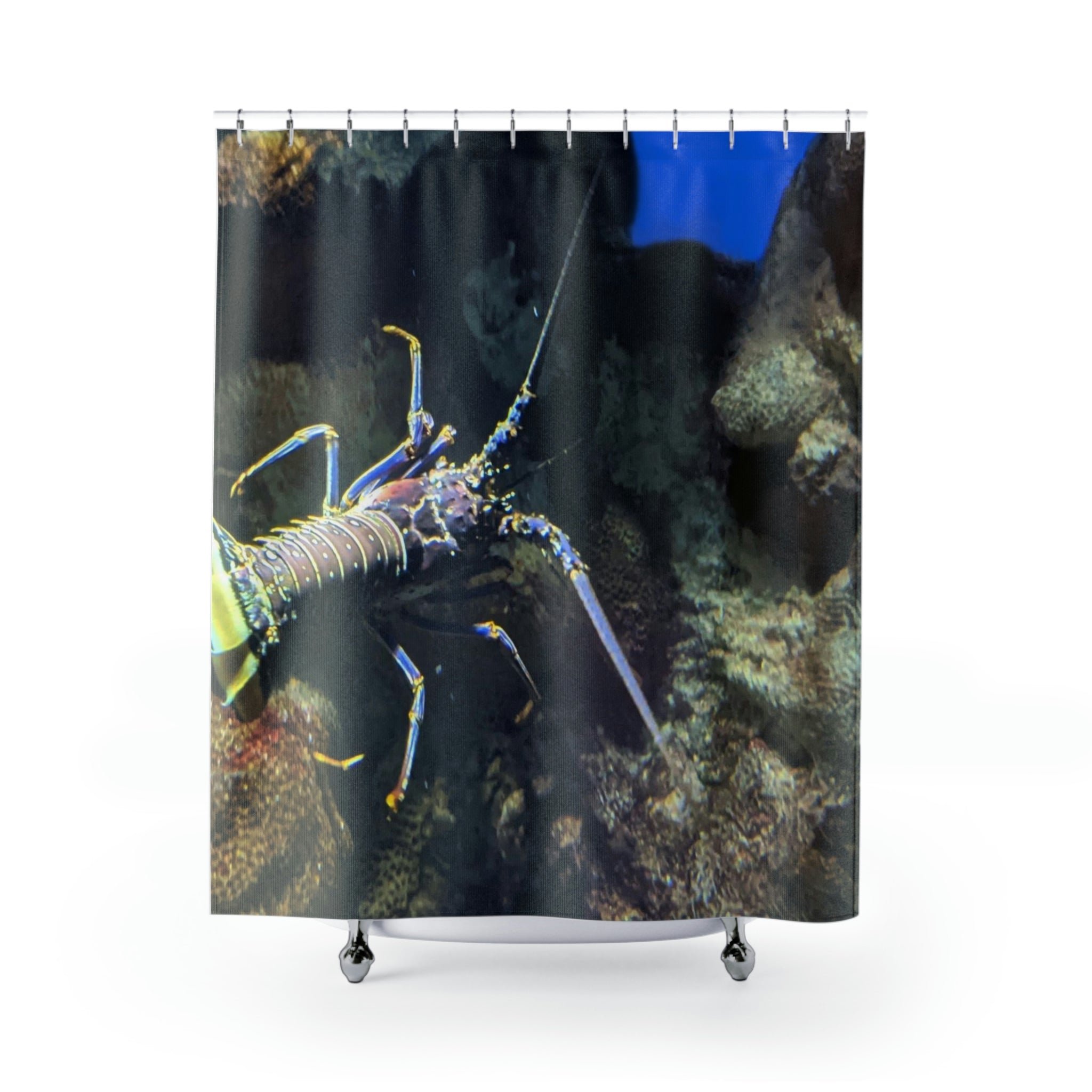 A vibrant lobster-themed shower curtain made of durable polyester, showcasing a colorful design perfect for bathroom decor.