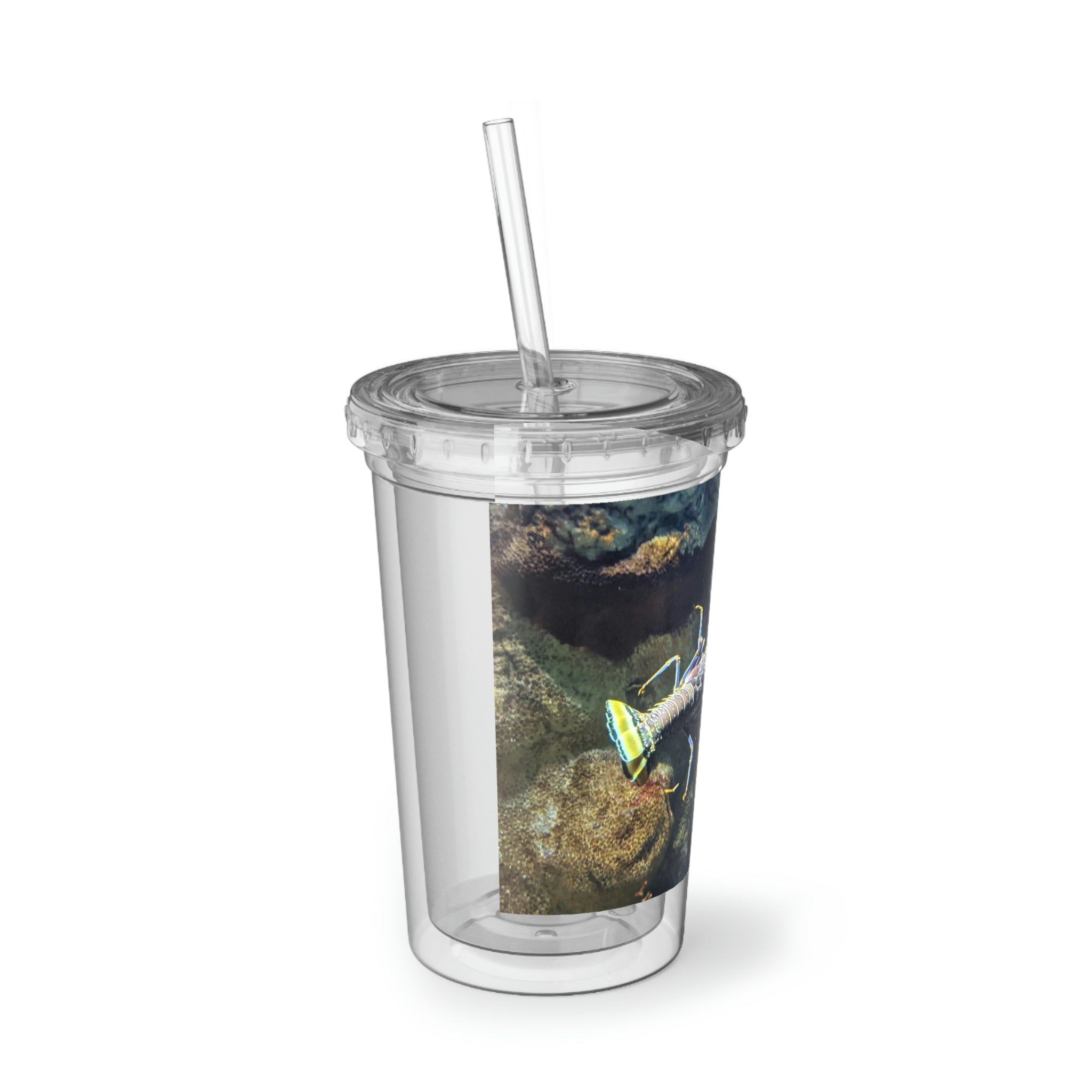 Lobster Suave Acrylic Cup with double-wall insulation, featuring a vibrant design and a straw, perfect for hot and cold beverages.