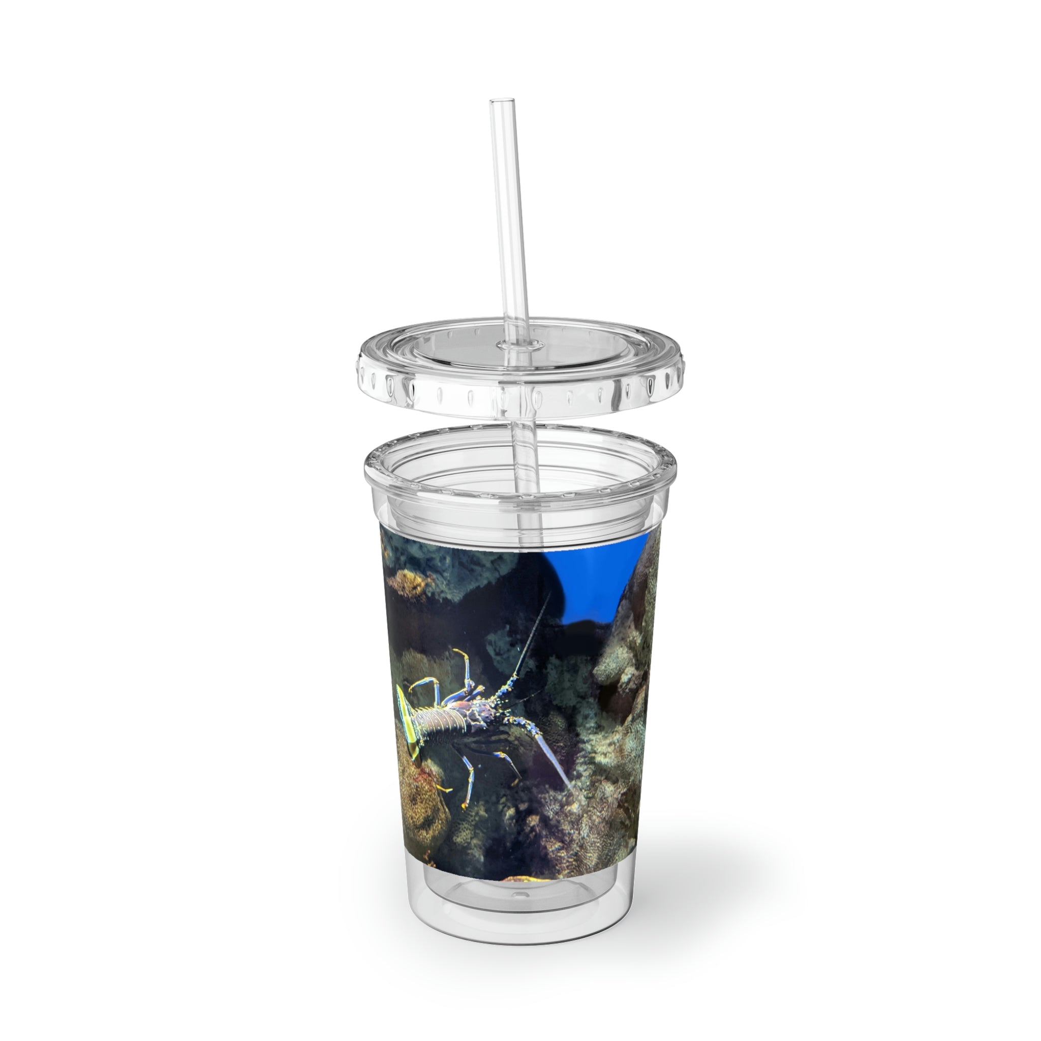 Lobster Suave Acrylic Cup with double-wall insulation, featuring a vibrant design and a straw, perfect for hot and cold beverages.