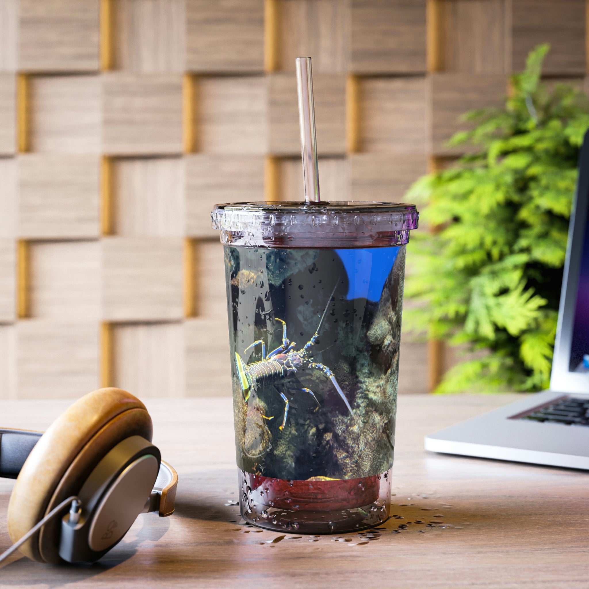 Lobster Suave Acrylic Cup with double-wall insulation, featuring a vibrant design and a straw, perfect for hot and cold beverages.