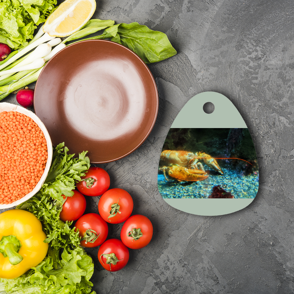 Lobster Sublimation Glass Cutting Board with custom design options, featuring a round shape and toughened glass material.