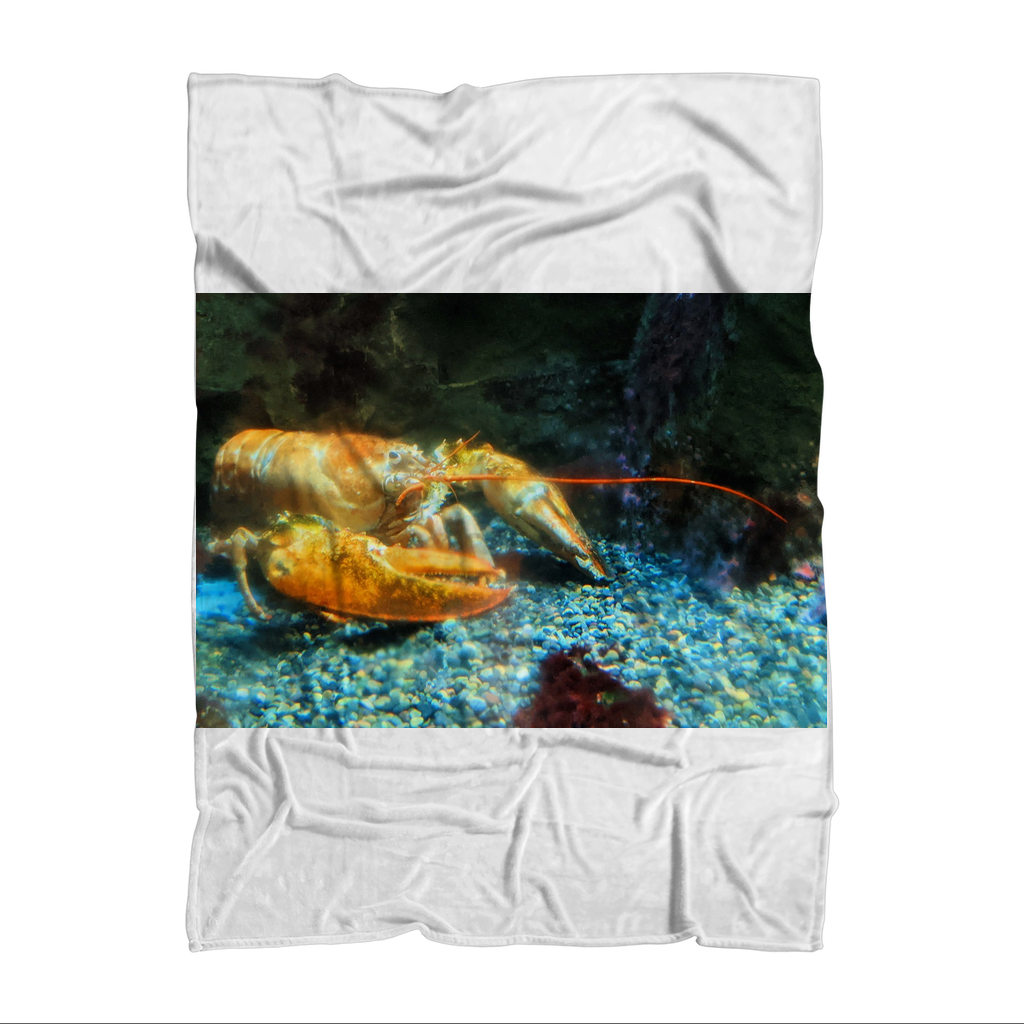 Lobster Sublimation Throw Blanket featuring vibrant lobster design on soft polar fleece fabric, perfect for cozying up.