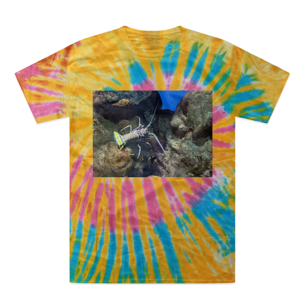 A vibrant lobster tie-dye t-shirt showcasing unique colors and patterns, made from 100% heavyweight cotton with a double-needle stitched neckline.