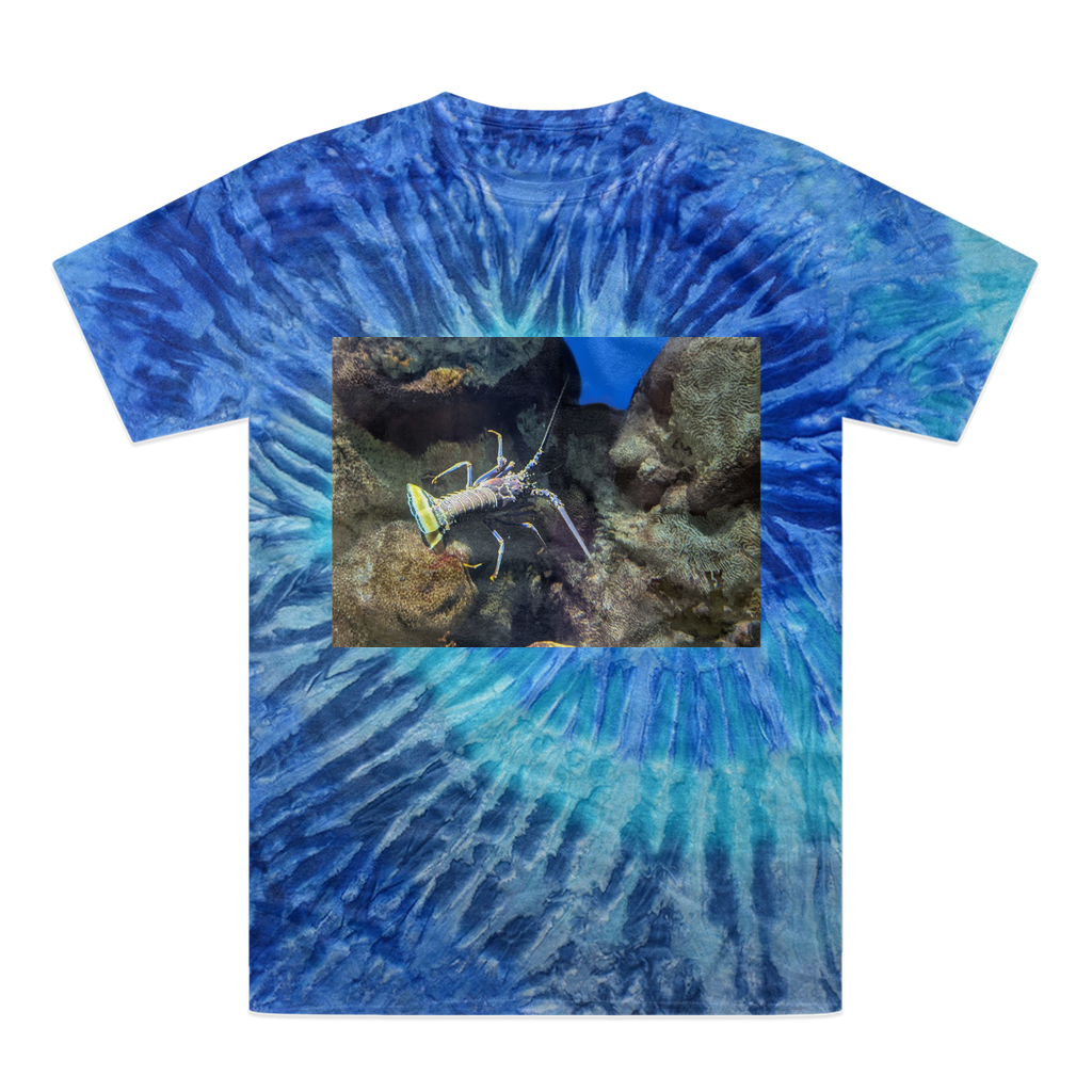 A vibrant lobster tie-dye t-shirt showcasing unique colors and patterns, made from 100% heavyweight cotton with a double-needle stitched neckline.