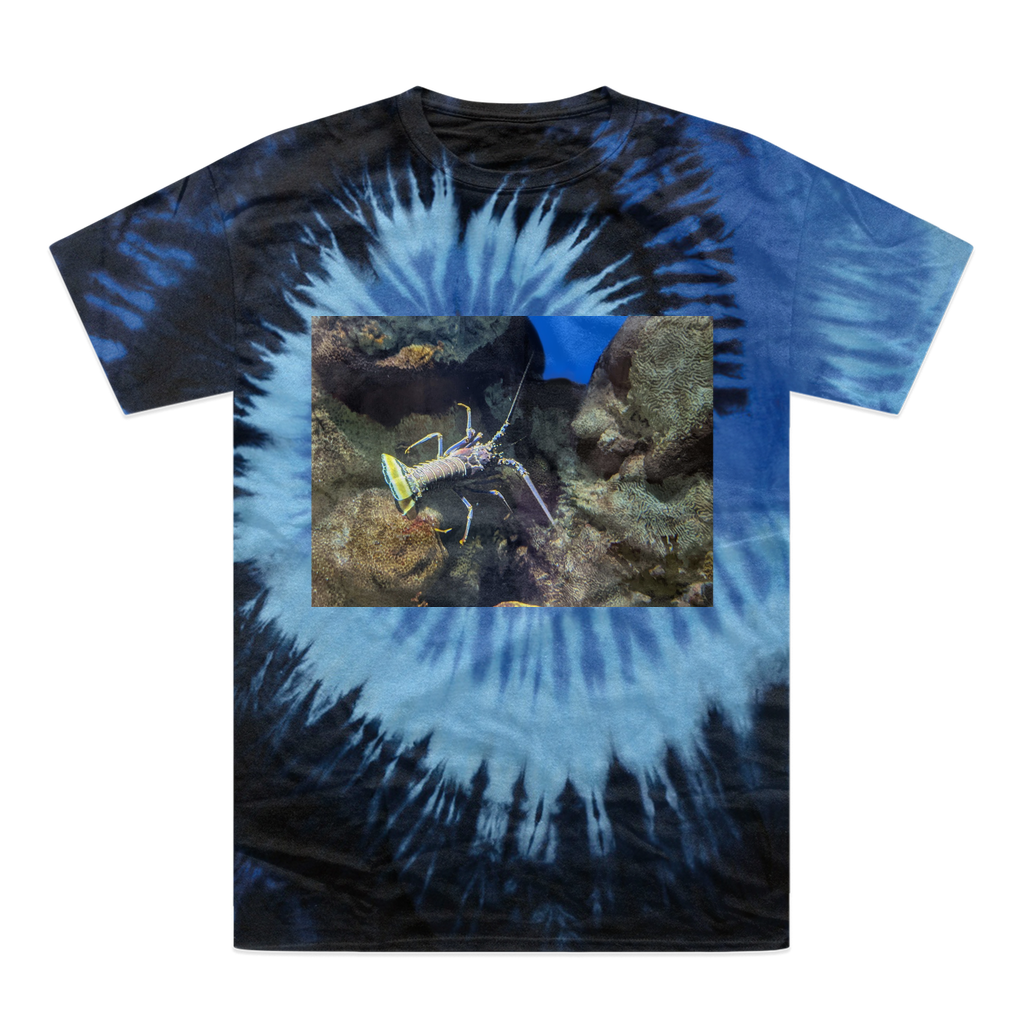 A vibrant lobster tie-dye t-shirt showcasing unique colors and patterns, made from 100% heavyweight cotton with a double-needle stitched neckline.