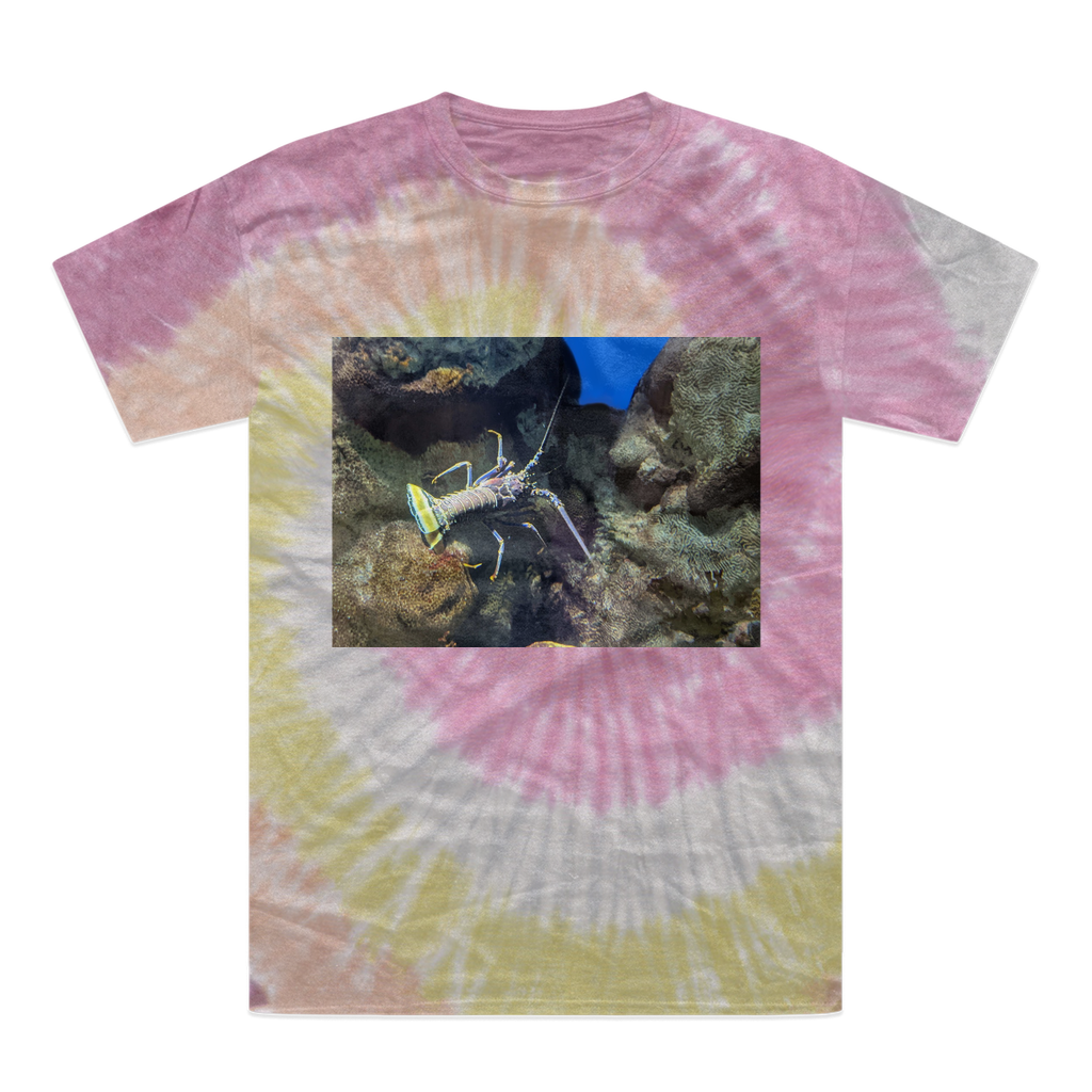 A vibrant lobster tie-dye t-shirt showcasing unique colors and patterns, made from 100% heavyweight cotton with a double-needle stitched neckline.