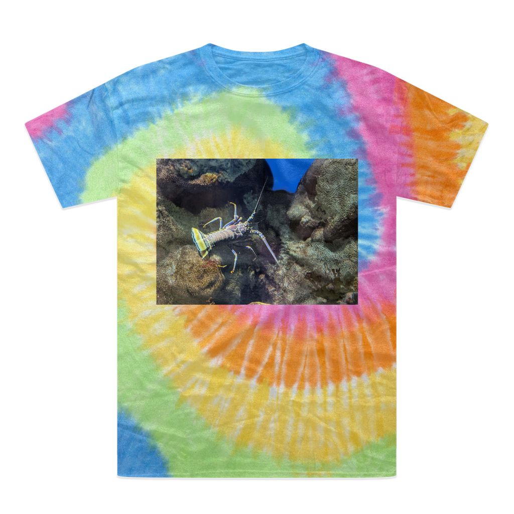 A vibrant lobster tie-dye t-shirt showcasing unique colors and patterns, made from 100% heavyweight cotton with a double-needle stitched neckline.