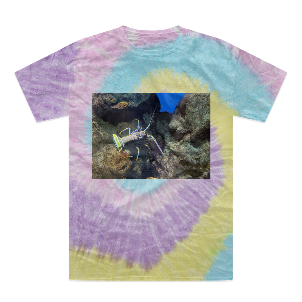 A vibrant lobster tie-dye t-shirt showcasing unique colors and patterns, made from 100% heavyweight cotton with a double-needle stitched neckline.