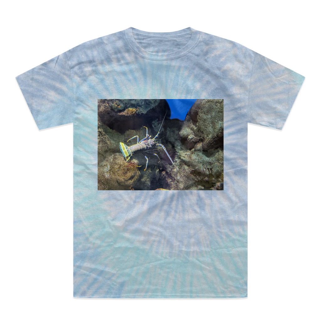 A vibrant lobster tie-dye t-shirt showcasing unique colors and patterns, made from 100% heavyweight cotton with a double-needle stitched neckline.