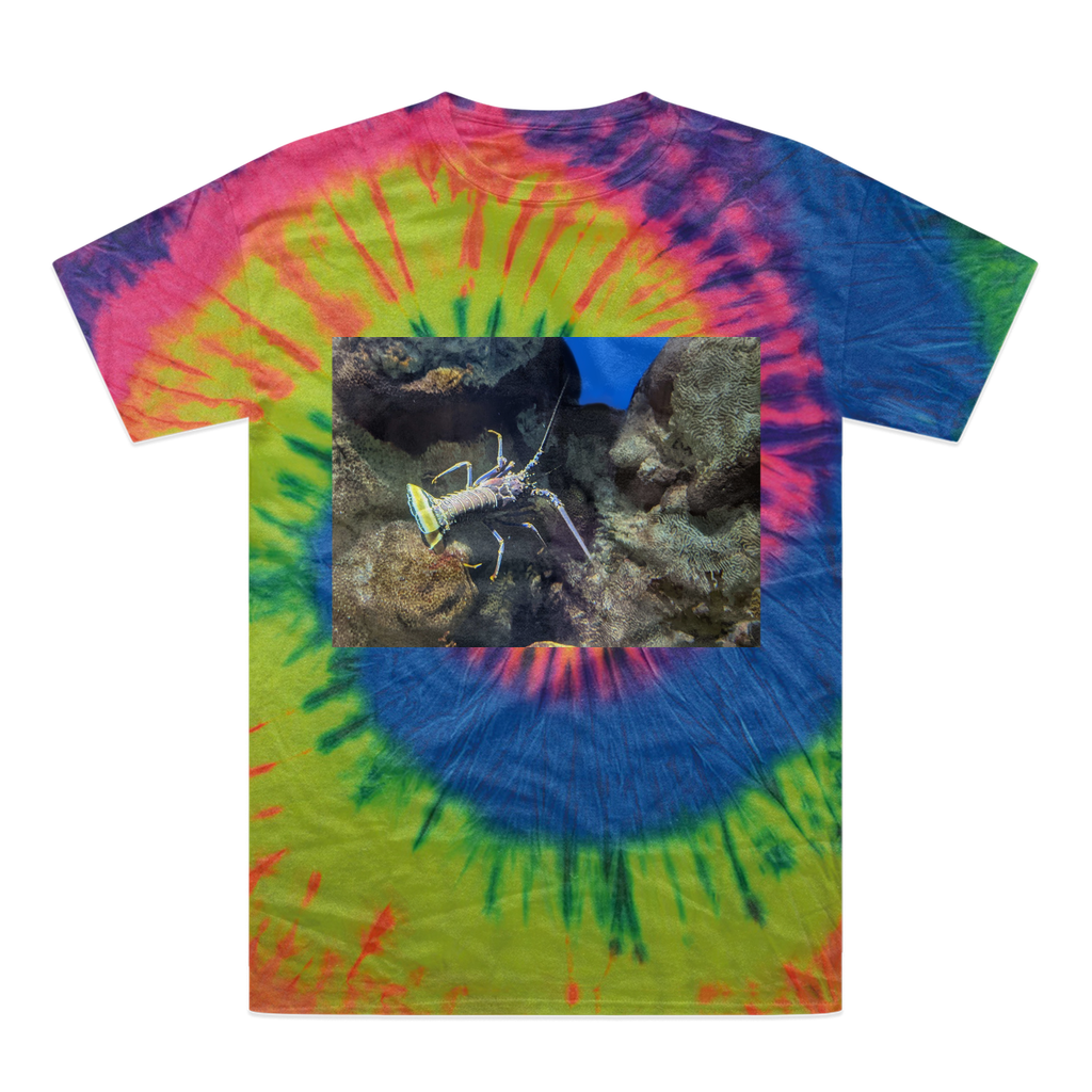 A vibrant lobster tie-dye t-shirt showcasing unique colors and patterns, made from 100% heavyweight cotton with a double-needle stitched neckline.