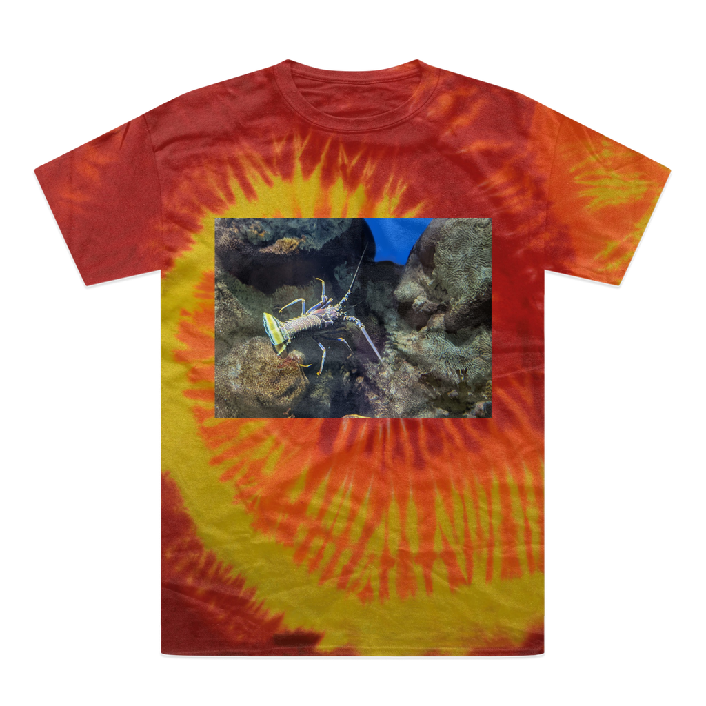 A vibrant lobster tie-dye t-shirt showcasing unique colors and patterns, made from 100% heavyweight cotton with a double-needle stitched neckline.