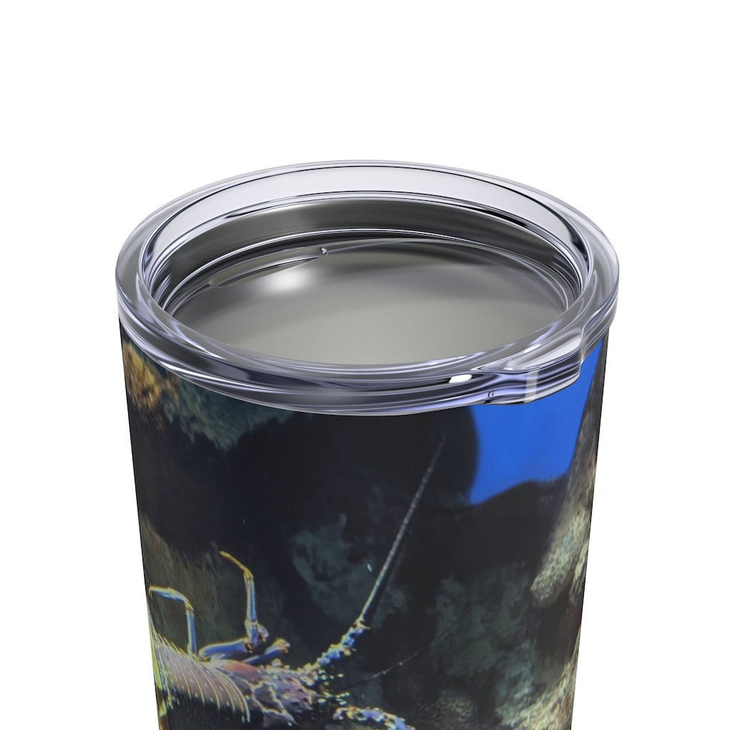 Lobster Tumbler 10oz in stainless steel with a see-thru plastic lid, showcasing its sleek design and rounded corners.