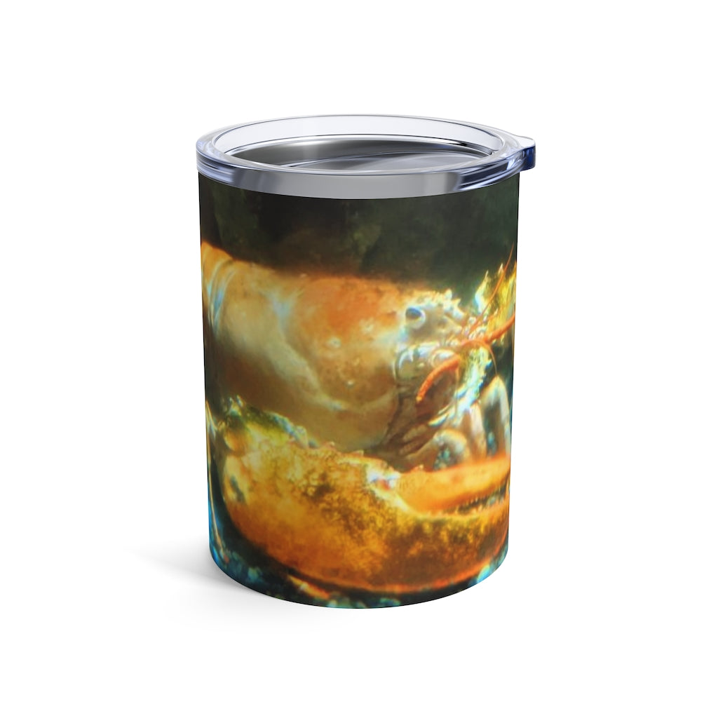 Lobster Tumbler 10oz made of stainless steel with a see-thru plastic lid, showcasing its sleek design and rounded corners.