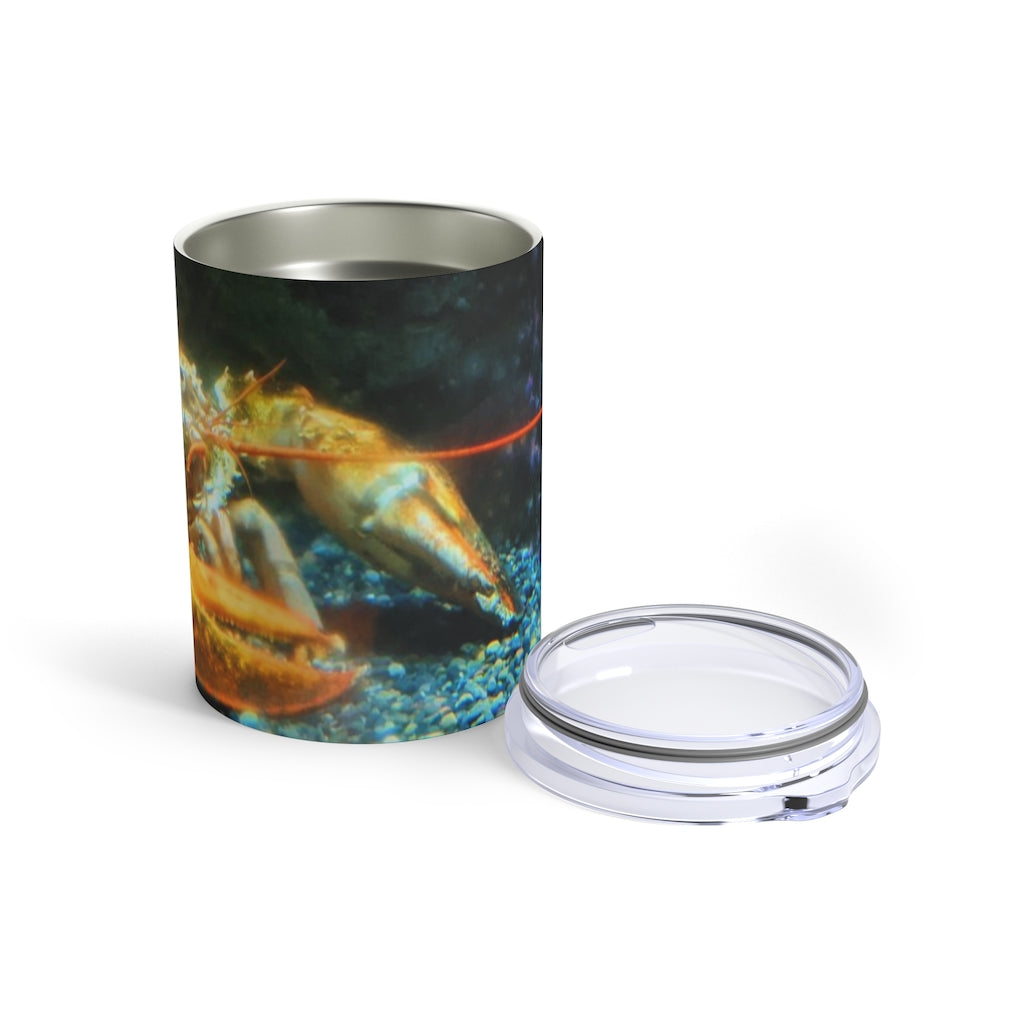 Lobster Tumbler 10oz made of stainless steel with a see-thru plastic lid, showcasing its sleek design and rounded corners.