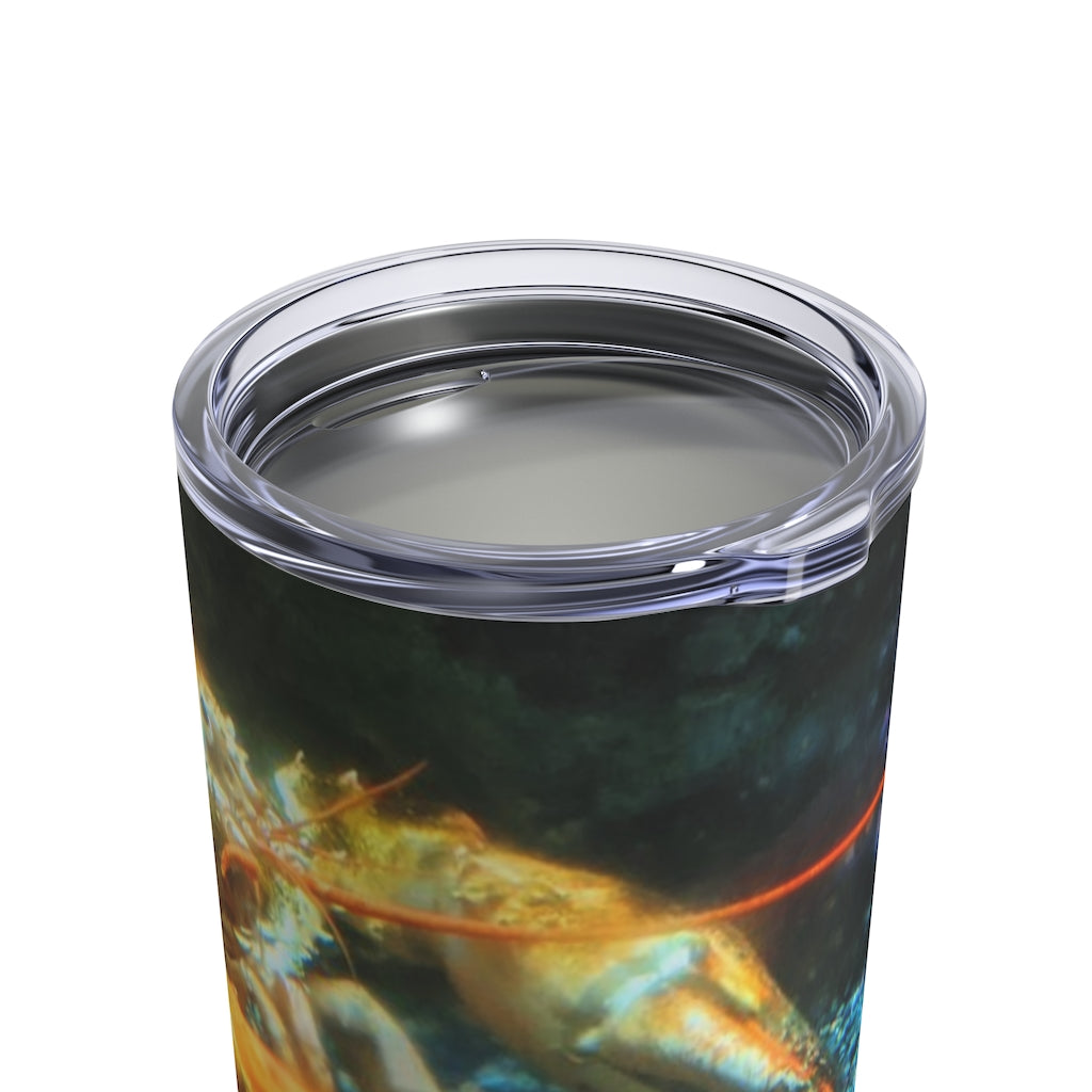 Lobster Tumbler 10oz made of stainless steel with a see-thru plastic lid, showcasing its sleek design and rounded corners.