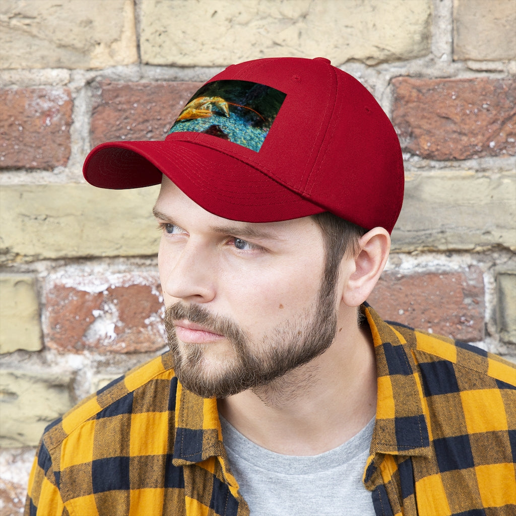 Lobster Unisex Twill Hat in a classic 6-panel design, made from 100% cotton twill, featuring an adjustable Velcro closure.