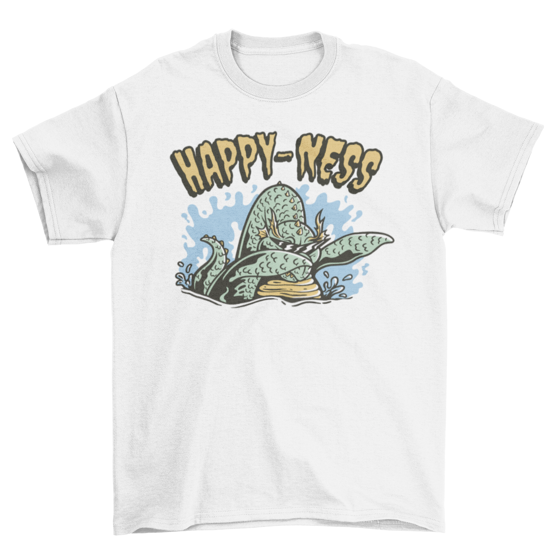 A humorous t-shirt featuring the Loch Ness Monster dabbing with the quote 'Happy-ness' in vibrant colors.