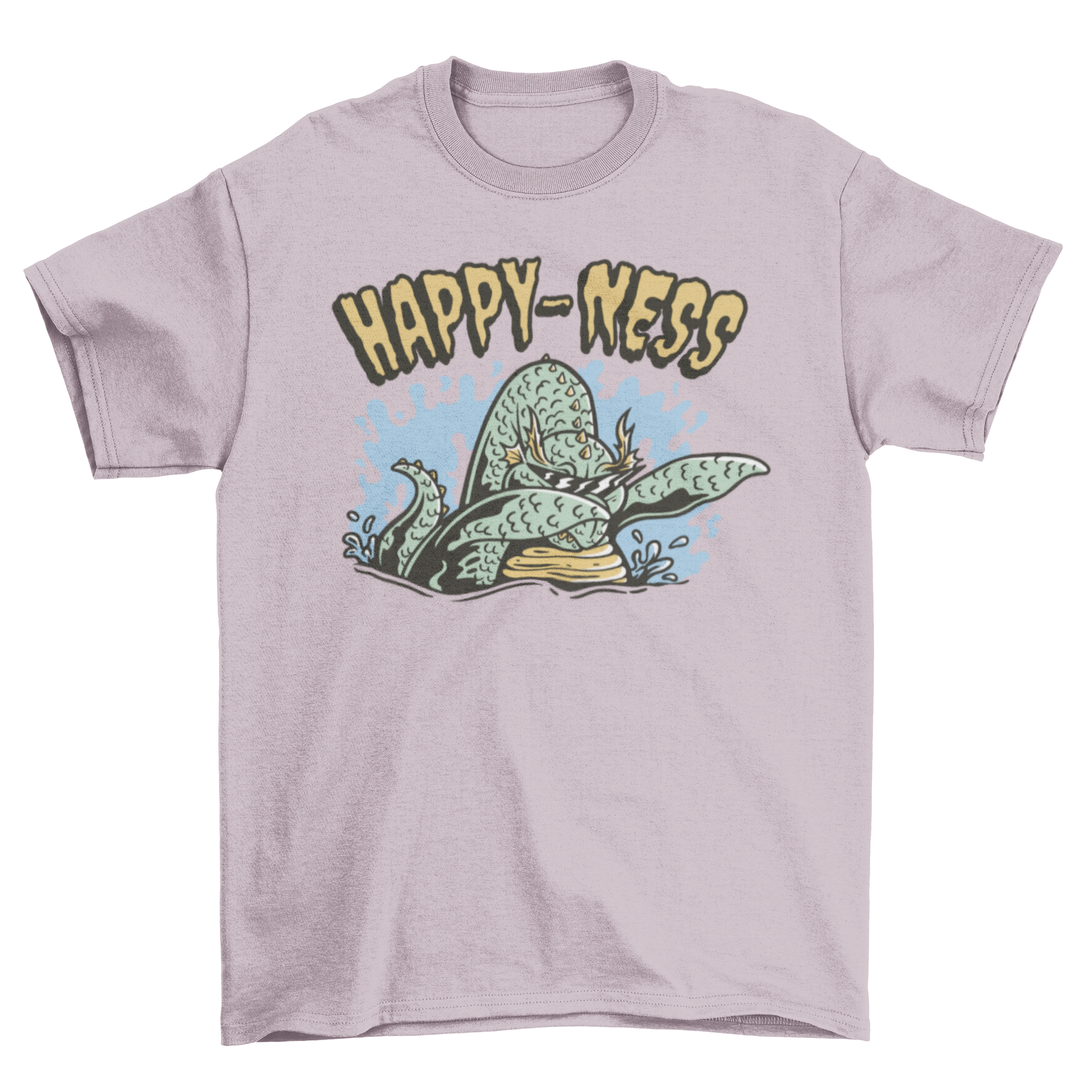 A humorous t-shirt featuring the Loch Ness Monster dabbing with the quote 'Happy-ness' in vibrant colors.