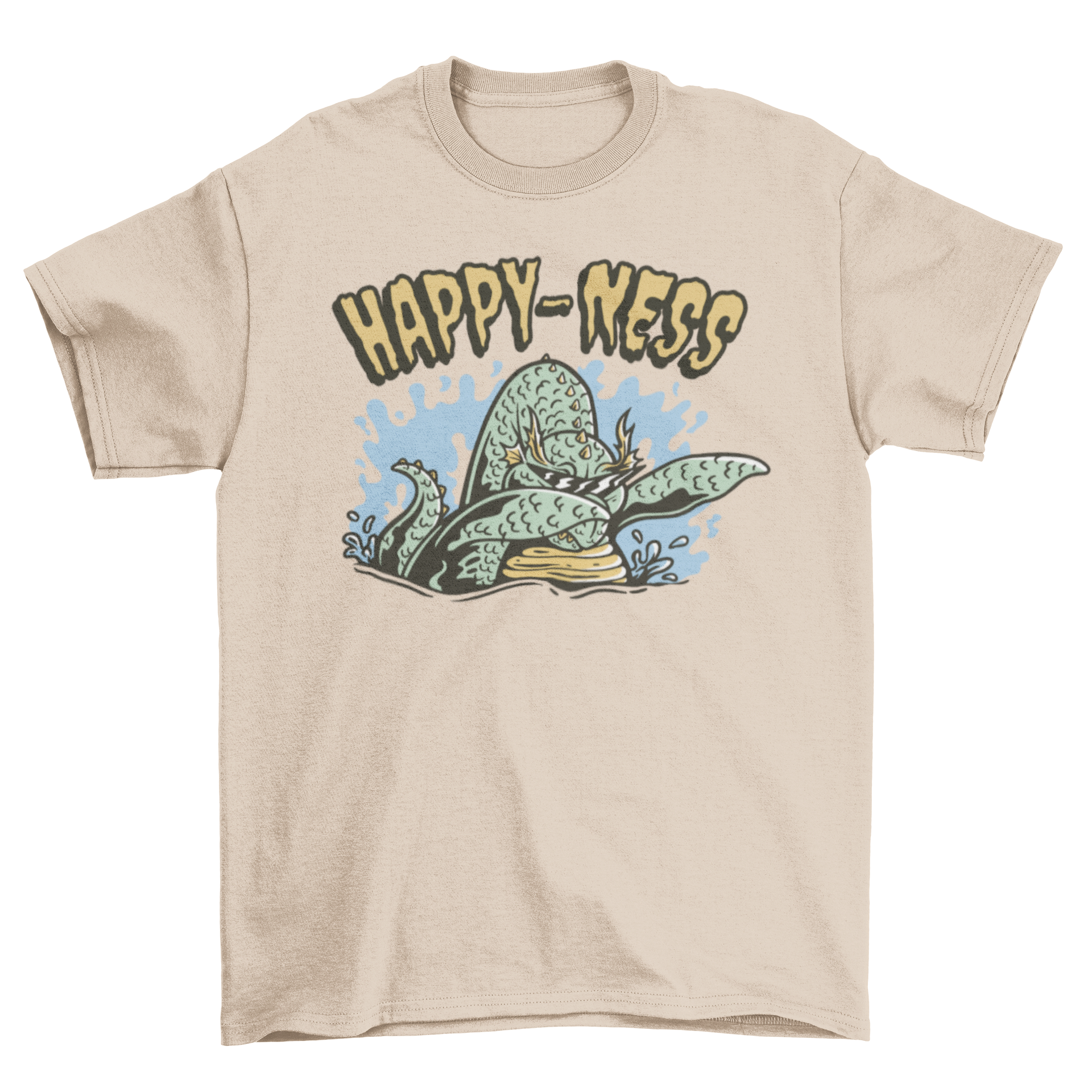 A humorous t-shirt featuring the Loch Ness Monster dabbing with the quote 'Happy-ness' in vibrant colors.