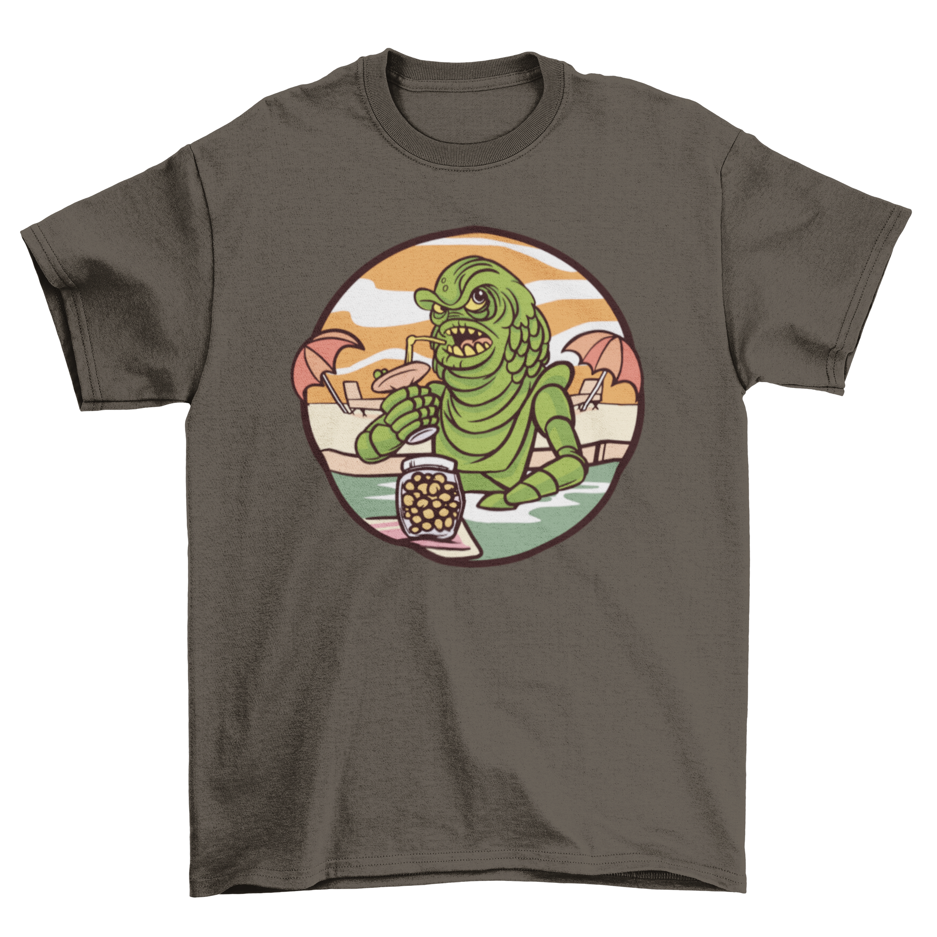 Loch Ness Monster summer t-shirt featuring a whimsical design of the monster drinking on the beach.