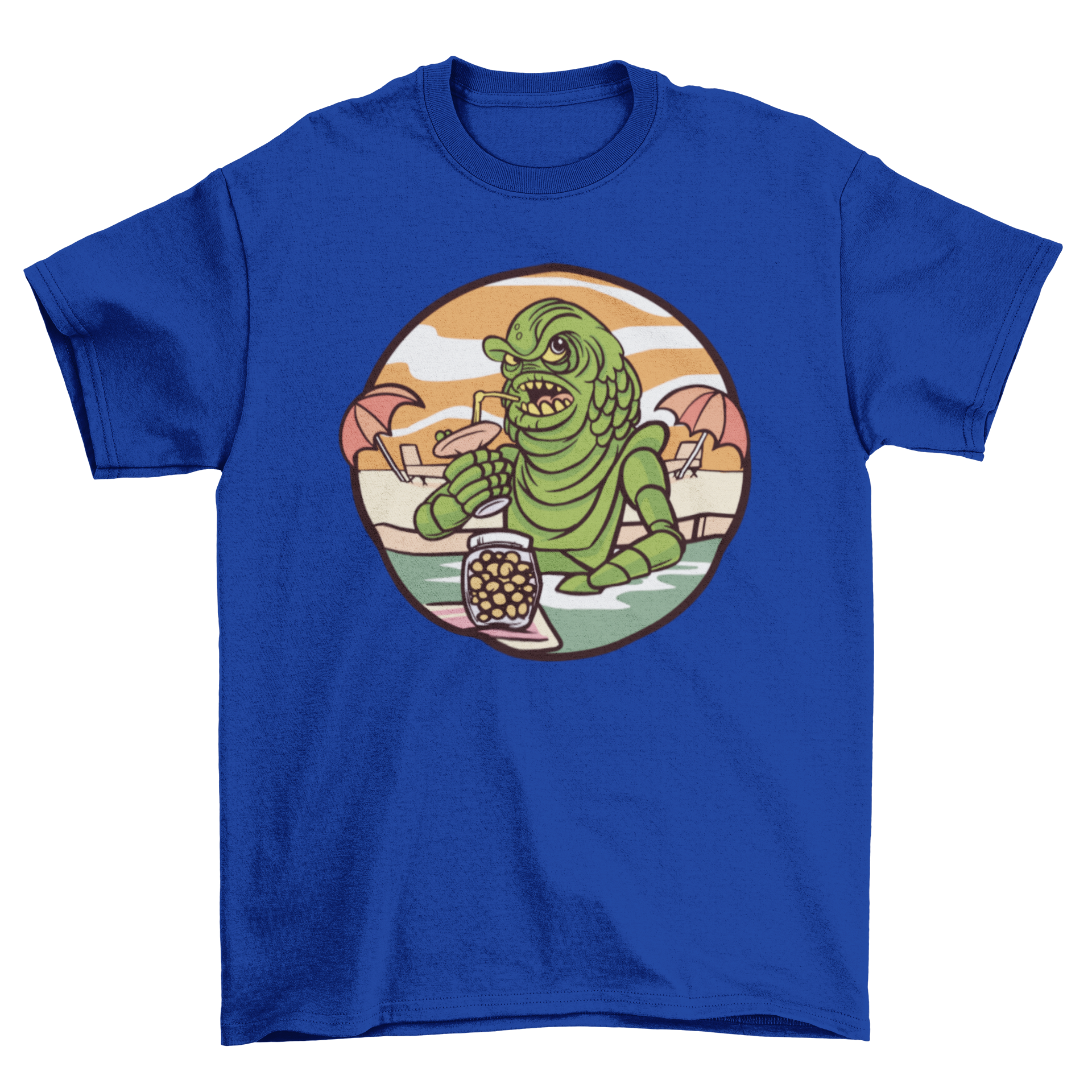 Loch Ness Monster summer t-shirt featuring a whimsical design of the monster drinking on the beach.