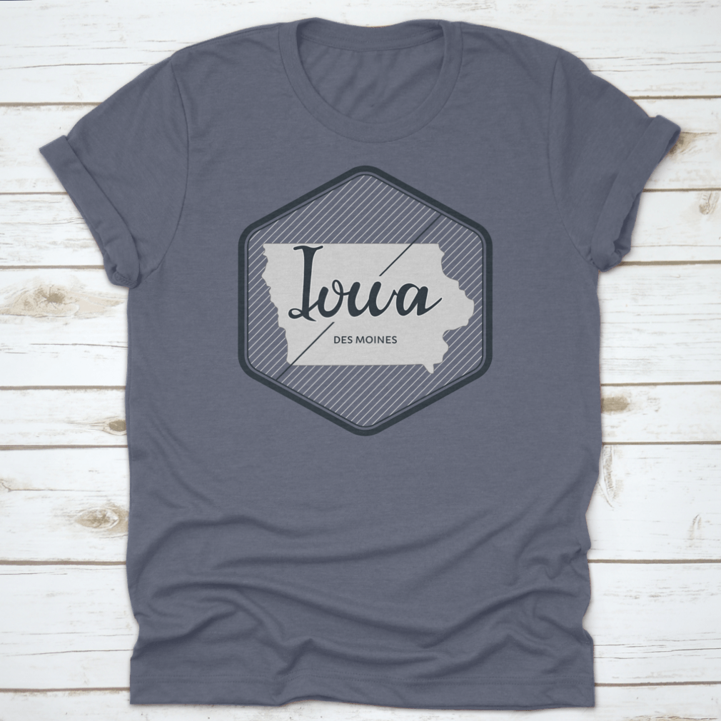 A stylish logo illustration featuring Iowa's Des Moines typography, showcasing vibrant colors and a modern design on a comfortable cotton fabric.