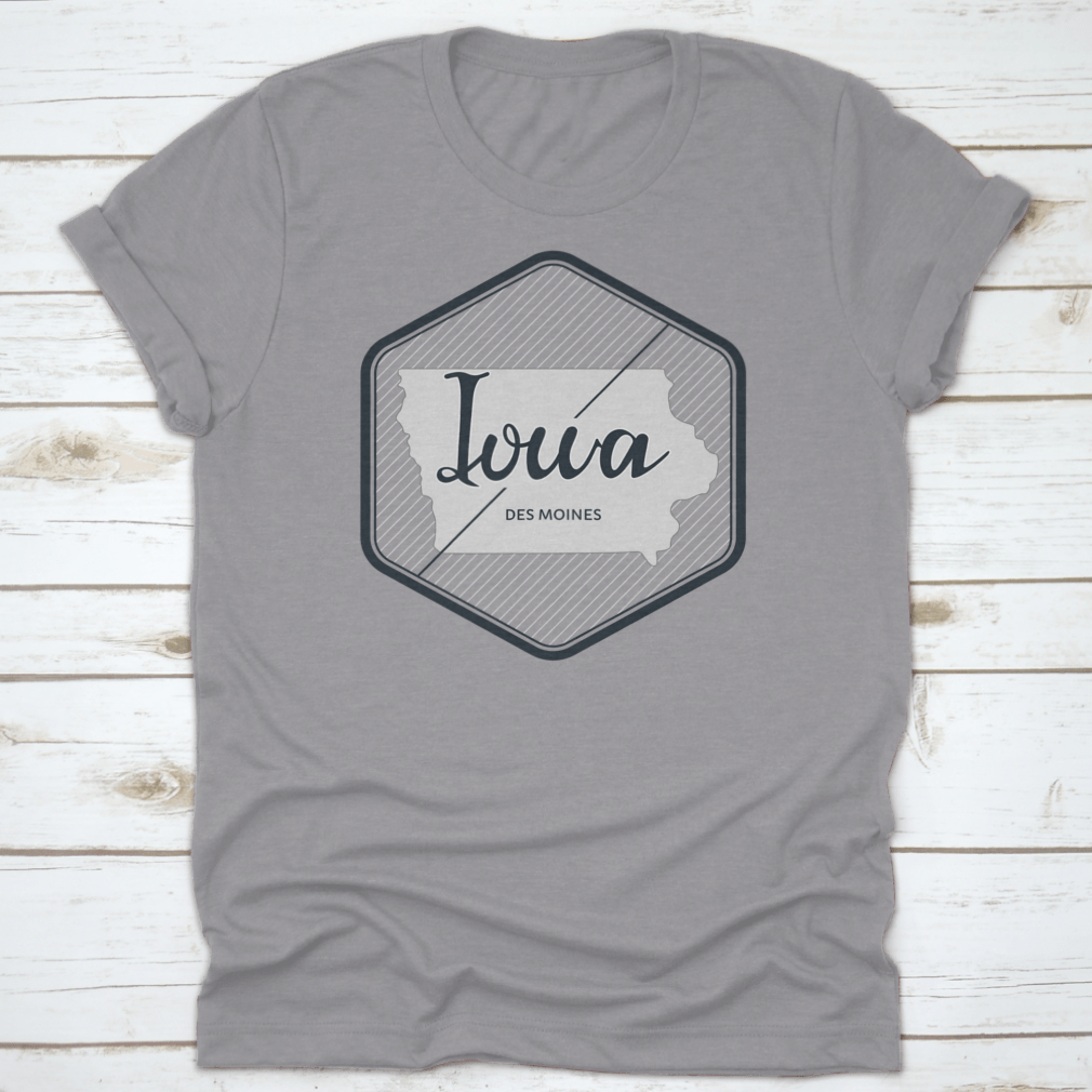 A stylish logo illustration featuring Iowa's Des Moines typography, showcasing vibrant colors and a modern design on a comfortable cotton fabric.