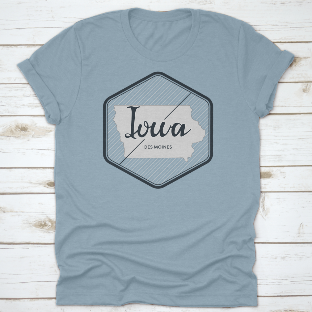 A stylish logo illustration featuring Iowa's Des Moines typography, showcasing vibrant colors and a modern design on a comfortable cotton fabric.