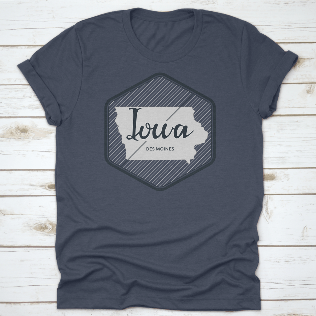 A stylish logo illustration featuring Iowa's Des Moines typography, showcasing vibrant colors and a modern design on a comfortable cotton fabric.